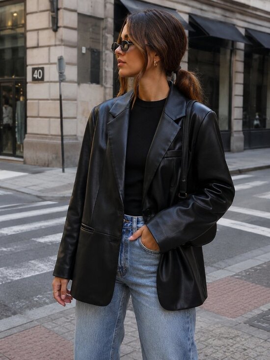 ZARA Jackets & Blazers - ZARA Faux Leather Blazer Jacket Black Single Button Longline Size S